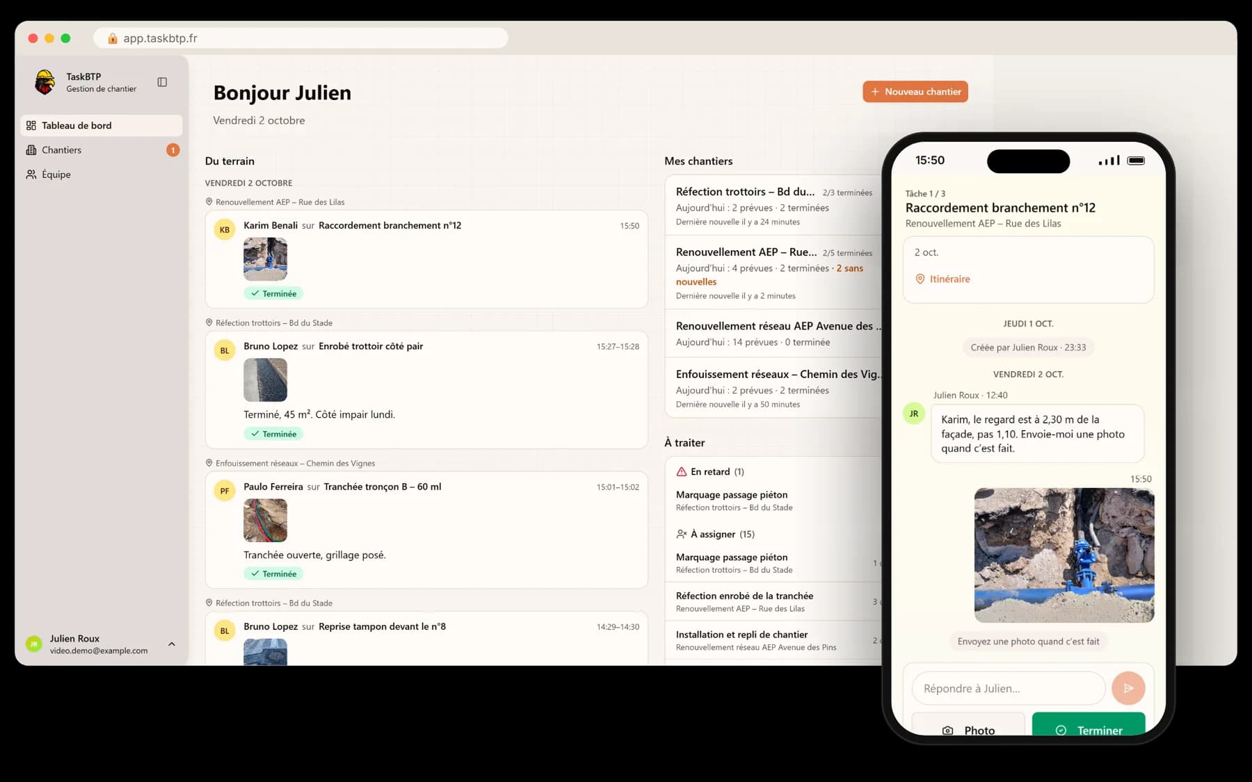 TaskBTP : le tableau de bord du conducteur avec les retours du terrain, et la page des tâches du jour ouverte depuis le SMS sur le téléphone du chef
