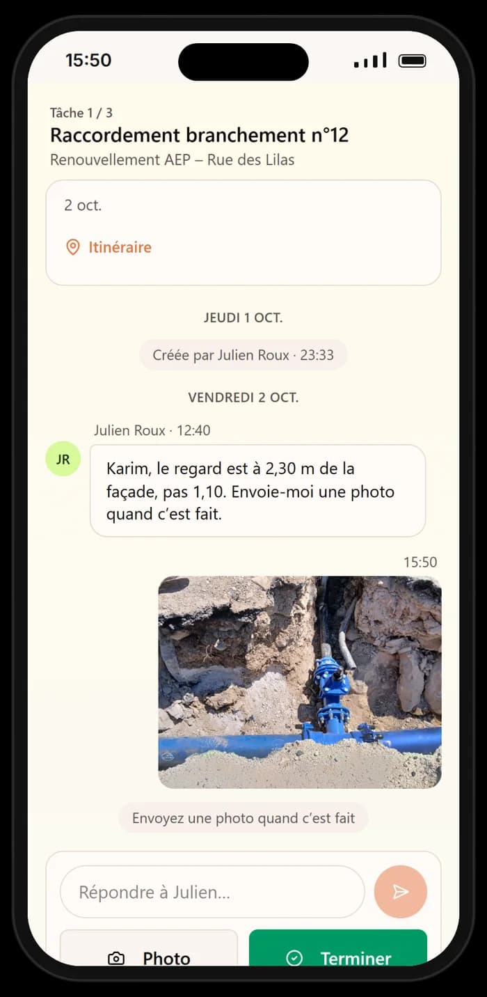 La page des tâches du jour ouverte depuis le SMS : la consigne du conducteur, la photo envoyée, le bouton Terminer