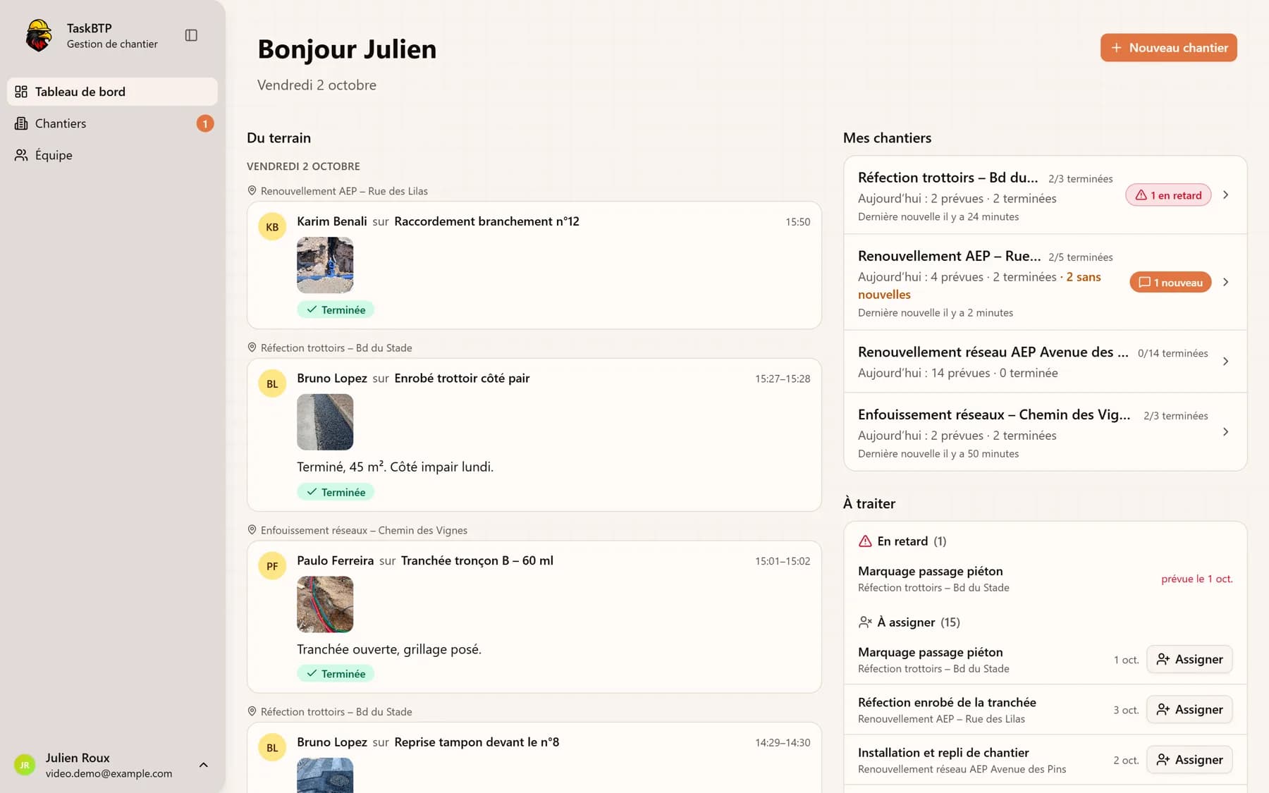 Tableau de bord du conducteur : les photos et tâches terminées envoyées depuis le terrain